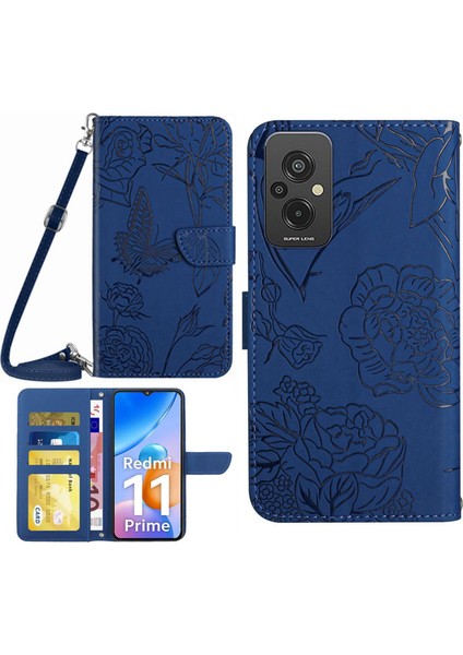 Xiaomi Redmi Için 11 Prime 4g HT03 Parmak Izi Ücretsiz Kelebek Çiçekler Baskılı Cüzdan Telefon Kılıfı Cilt Touch Pu Deri Flip Folio Stand Manyetik Kapak Omuz Kayışı Mavisi (Yurt Dışından)