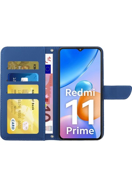 Xiaomi Redmi Için 11 Prime 4g HT03 Parmak Izi Ücretsiz Kelebek Çiçekler Baskılı Cüzdan Telefon Kılıfı Cilt Touch Pu Deri Flip Folio Stand Manyetik Kapak Omuz Kayışı Mavisi (Yurt Dışından)