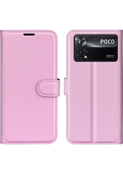 Folio Flip Litchi Cilt Deri Kılıfı Xiaomi Poco X4 Pro 5g, Damla Koruma Standı Kapak Telefon Cüzdan Aksesuar-Pembe (Yurt Dışından)