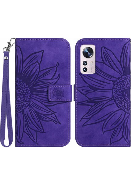 Xiaomi Için 12 Lite 5g HT04 Baskılı Ayçiçeği Pu Deri Cüzdan Kılıf Cilt Touch Stand Manyetik Kapatma Strap-Dark Mor ile Telefon Kapağı (Yurt Dışından)
