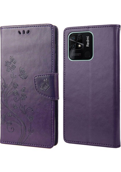 Xiaomi Redmi Için 10C Kelebek Çiçeği Baskılı Folio Flip Pu Deri Kılıf Stand Cüzdan Kapak Morası (Yurt Dışından)