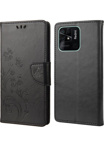 Xiaomi Redmi Için 10C Kelebek Çiçek Baskılı Folio Flip Pu Deri Kılıf Stand Cüzdan Kapak Black (Yurt Dışından)