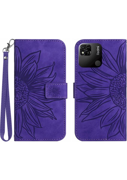 Xiaomi Redmi 10A Için Koruyucu Cep Telefonu Kapağı, HT04 Cilt Dokunma Basılı Baskılı Ayçiçeği Flip Cüzdan Telefon Kılıfı El Strap-Dark Mor ile (Yurt Dışından)
