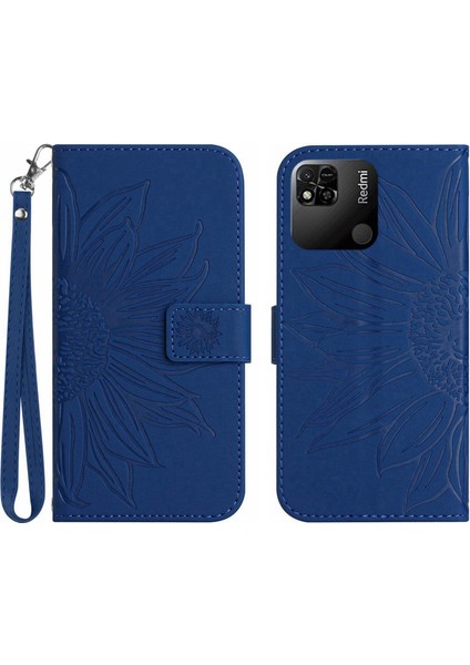 Xiaomi Redmi 10A Için Koruyucu Cep Telefonu Kapağı, HT04 Cilt Dokunma Basılı Baskılı Ayçiçeği Flip Cüzdan Telefon Kılıfı El Strap-Sapfire ile (Yurt Dışından)