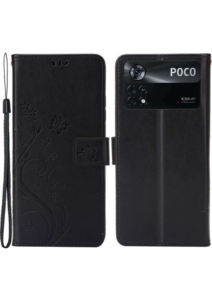 Kelebek Çiçek Baskı Cüzdan Deri Kılıfı Xiaomi Poco X4 Pro 5g, Manyetik Toka Tasarım Telefon Kabuğu Aksesuarı Stand-Black (Yurt Dışından)