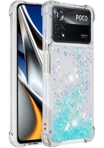 Xiaomi Poco X4 Pro 5g Sıvı Glitter Telefon Koruyucu Kılıf Hareketli Hızlı ve Yüzen Tpu Yastık Net Kapak Mavisi/pentagramlar (Yurt Dışından)