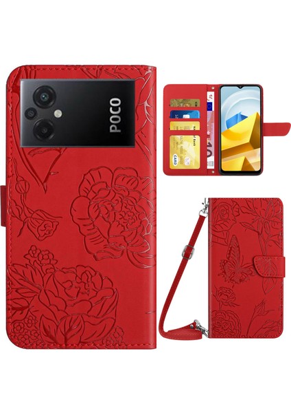 Xiaomi Poco M5 Için 4g Kelebek Çiçekleri Baskılı Telefon Kapağı Pu Deri Deri Dokun (Yurt Dışından)