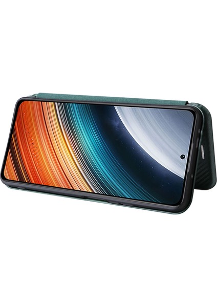 4U Sky Xiaomi Redmi K40S Için 5g/poco F4 5g Karbon Fiber Doku Kart Tutucu Pu Deri Deri Şok Geçirmez Kapak Stand Yeşili ile Kılıf (Yurt Dışından)