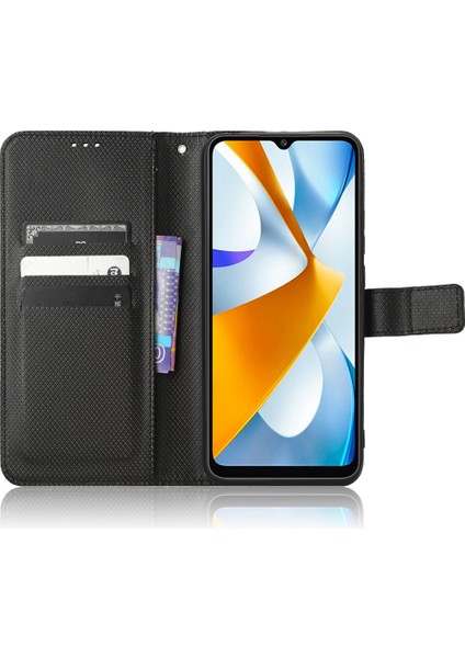 Xiaomi Poco C40 4g Için Anti-Drop Telefon Deri Kapağı, Elmas Doku Manyetik Toka Flip Cüzdan Kılıfı Stand Telefon Kabuk Black (Yurt Dışından)
