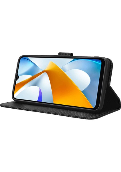 Xiaomi Poco C40 4g Için Anti-Drop Telefon Deri Kapağı, Elmas Doku Manyetik Toka Flip Cüzdan Kılıfı Stand Telefon Kabuk Black (Yurt Dışından)