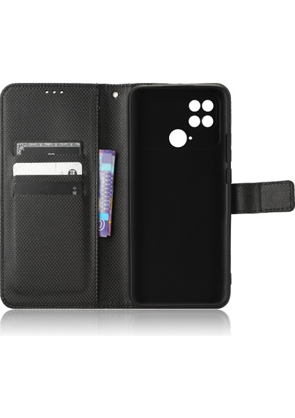 Xiaomi Poco C40 4g Için Anti-Drop Telefon Deri Kapağı, Elmas Doku Manyetik Toka Flip Cüzdan Kılıfı Stand Telefon Kabuk Black (Yurt Dışından)