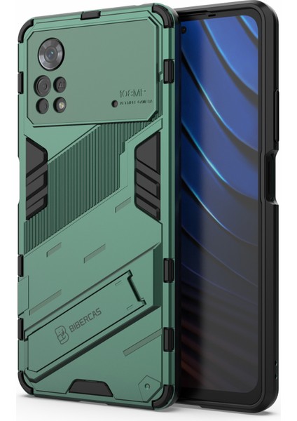 Xiaomi Poco X4 Pro 5g Çift Katman Tasarım Tpu+Pc Case Kickstand Heavy Distric Zırh Kapak Yeşili (Yurt Dışından)