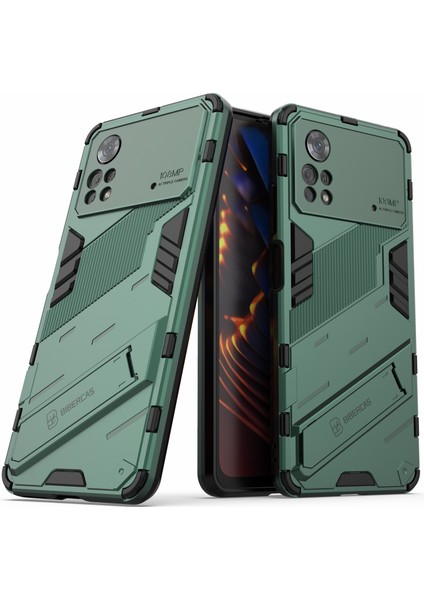 Xiaomi Poco X4 Pro 5g Çift Katman Tasarım Tpu+Pc Case Kickstand Heavy Distric Zırh Kapak Yeşili (Yurt Dışından)