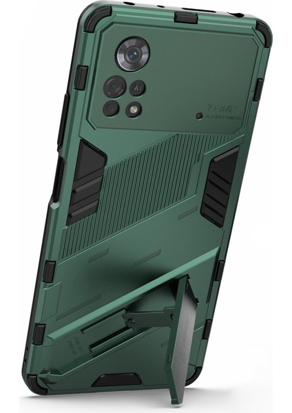 Xiaomi Poco X4 Pro 5g Çift Katman Tasarım Tpu+Pc Case Kickstand Heavy Distric Zırh Kapak Yeşili (Yurt Dışından)