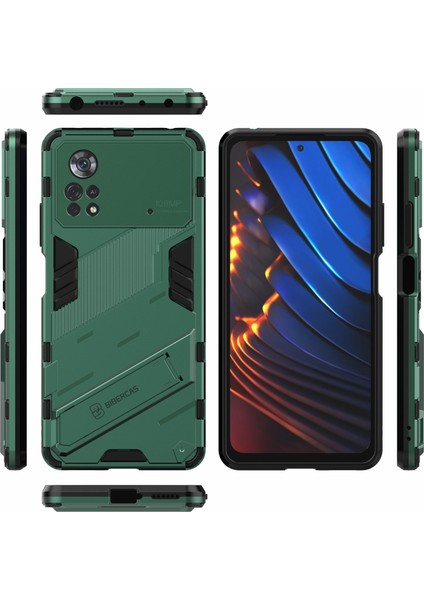 Xiaomi Poco X4 Pro 5g Çift Katman Tasarım Tpu+Pc Case Kickstand Heavy Distric Zırh Kapak Yeşili (Yurt Dışından)