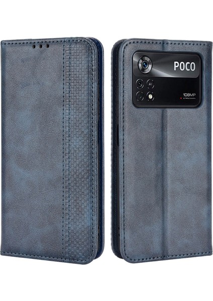 Xiaomi Poco X4 Pro 5g Mozaik Baskılı Vintage Deri Kitap Kılıfı Görüntüleme Stand Cüzdan Manyetik Emilim Flip Kapak Mavisi (Yurt Dışından)