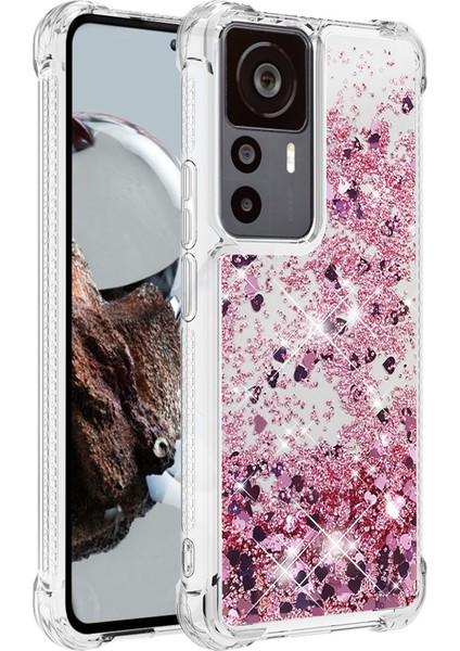 Xiaomi 12T 5G/12T Pro 5g/redmi K50 Ultra 5g Tpu Tpu Tpu Kılıf Sıvı Yüzen Glitter Pullar Koruyucu Telefon Kapak Gül Sol/kalpler (Yurt Dışından)