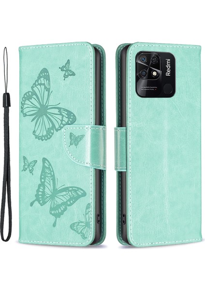 Bf Baskı Desen Kelebekleri Xiaomi Redmi Için Baskılı Telefon Kılıfı 10C Şok Geçirmez Cüzdan Strap-Yeşili Deri Kapak (Yurt Dışından)