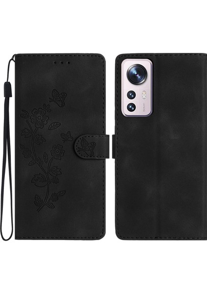 Xiaomi Için 12 Lite 5g Pu Deri Flip Telefon Kılıfı Çiçek Baskılı Stand Cüzdan Kapağı Black (Yurt Dışından)