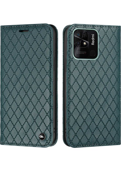 Xiaomi Redmi Için 10C Rhombus Desen Telefon Flip Deri Cüzdan Kılıfı Litchi Doku Doku Giyim Dayanıklı Kapak Stand Yeşili (Yurt Dışından)