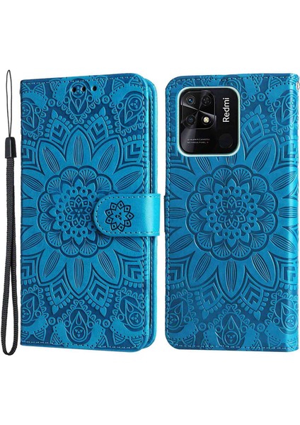 Xiaomi Için Redmi 10C 4g/redmi 10 (Hindistan) 4g Ayçiçeği Baskılı Folio Flip Telefon Kılıfı Pu Deri Stand Anti-Fall Manyetik Toka Telefon Kapağı Strap-Blue (Yurt Dışından)