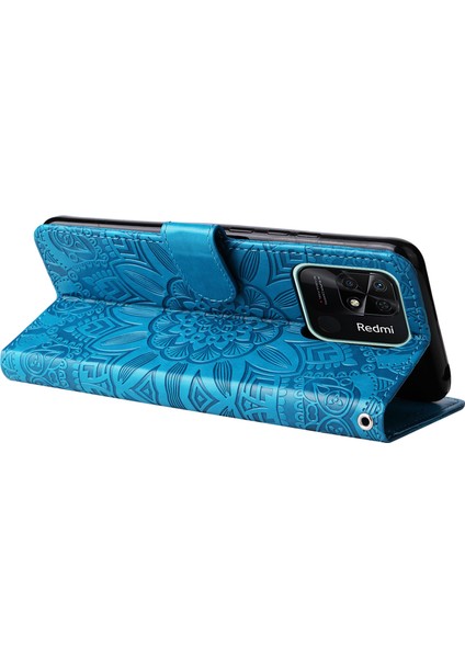 Xiaomi Için Redmi 10C 4g/redmi 10 (Hindistan) 4g Ayçiçeği Baskılı Folio Flip Telefon Kılıfı Pu Deri Stand Anti-Fall Manyetik Toka Telefon Kapağı Strap-Blue (Yurt Dışından) modelleri