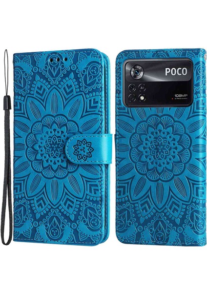 Xiaomi Poco X4 Pro 5g Pu Deri Deri Flip Cüzdan Kılıf Ayçiçeği Baskılı Stand Kitaplık Manyetik Koruyucu Kapak El Strap-Blue (Yurt Dışından)