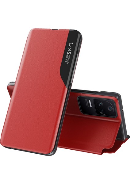 Xiaomi Için Poco F4 5g/redmi K40S 5g Net Görünüm Penceresi Deri Flip Telefon Kasası Şok Geçirmez Kapak Stand-Kırmızı ile (Yurt Dışından)