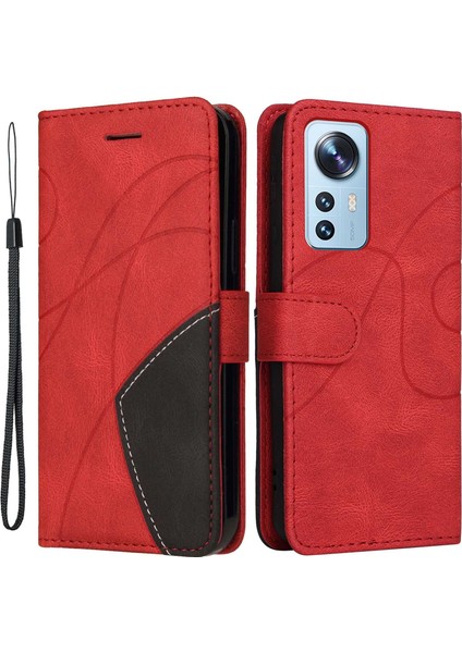 Xiaomi Için 12 Lite 5g Çift Renkli Ekleme Pu Deri Deri Stand Cüzdan Kapağı Tam Koruma Iç Tpu Telefon Kasası-Kırmızı (Yurt Dışından)