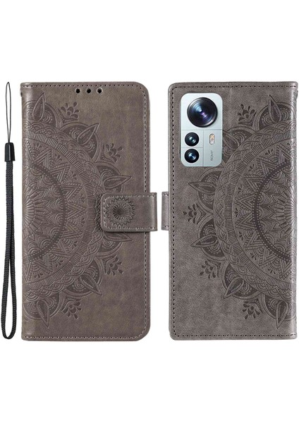 Xiaomi Için 12 Lite Baskılı Mandala Çiçek Deri Kılıf Cüzdanı Telefon Stand Kapağı Bilek Kayış Grey (Yurt Dışından)