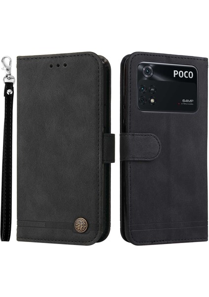 Xiaomi Poco M4 Için Pro Tree Desen Metal Düğmesi Deri Deri Telefon Kılıfı Çarpışma Karşıtı Stand Cüzdan Kapağı Strap-Black (Yurt Dışından)