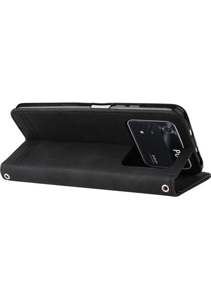 Xiaomi Poco M4 Için Pro Tree Desen Metal Düğmesi Deri Deri Telefon Kılıfı Çarpışma Karşıtı Stand Cüzdan Kapağı Strap-Black (Yurt Dışından) indirimleri