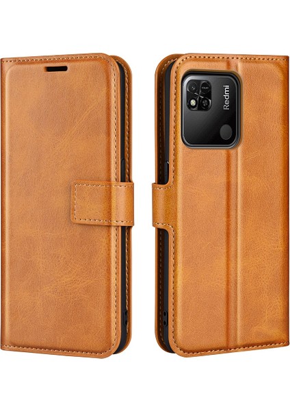 Xiaomi Redmi 10A Için Dokulu Pu Deri Koruyucu Kapak, Square Manyetik Toka Cüzdan Stand Telefon Kılıfı Sarı (Yurt Dışından)