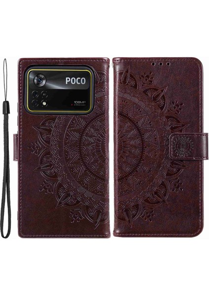 Xiaomi Poco X4 Pro 5g Cüzdan Stand Tasarımı Baskılı Mandala Çiçek Tamamen Sarılmış Pu Deri Telefon Kapak Telefon Kahverengi (Yurt Dışından)