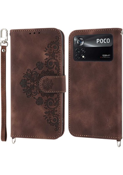 Xiaomi Poco Poco X4 Pro 5g Için Pu Deri Flip Telefon Kılıfı, Baskılı Çiçekler Çoklu Kart Yuvası Cilt Tahkisi Anti-Drop Akıllı Telefon Kapak Stand Straps-Brown (Yurt Dışından)