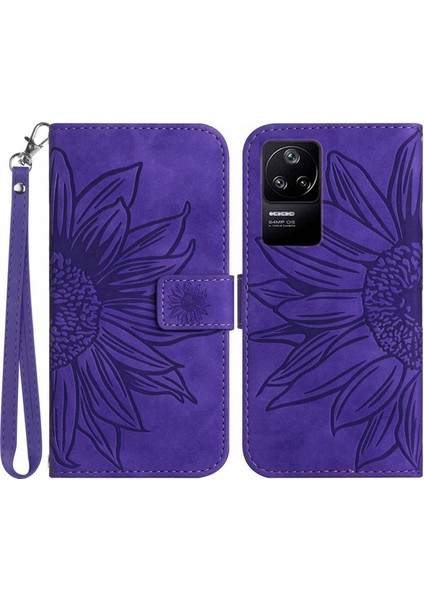 Xiaomi Için Poco F4 5g/redmi K40S 5g HT04 Baskılı Ayçiçeği Stand Cüzdan Telefon Kılıfı Cilt Touch Pu Deri Anti Drop Kapak Strap-Dark Purple (Yurt Dışından)