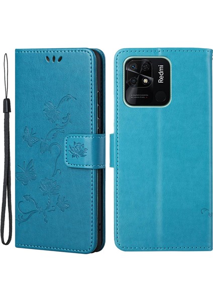 Xiaomi Redmi Için 10C Kelebek Çiçeği Baskılı Pu Deri Manyetik Toka Telefon Kılıfı Cüzdan Stand Kapak Mavisi (Yurt Dışından)
