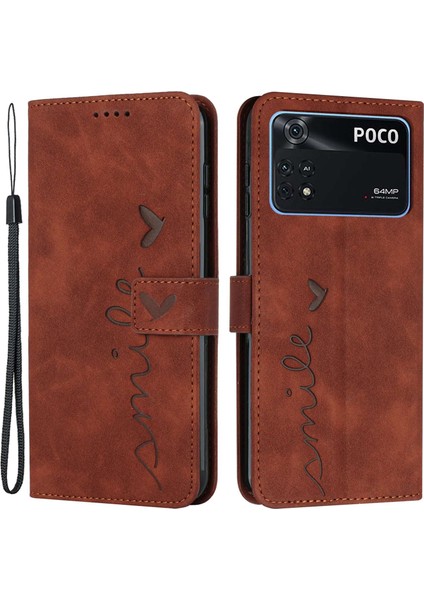 Xiaomi Için Poco M4 Pro 4g Kalp Şekli Baskı Anti-Drop Kullanışlı Kayış Tasarım Kılıfı Cilt Touch Hissed Pu Deri Cüzdan Stand-Brown ile Manyetik Telefon Kabuğu (Yurt Dışından)