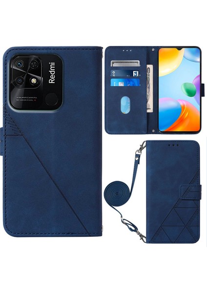 Xiaomi Için Redmi 10C/REDMI 10 (Hindistan) Pu Deri Kapak Çizgileri Baskılı Cüzdan Stand Flip Telefon Kılıfı Omuz Kayışı Sapfire (Yurt Dışından)