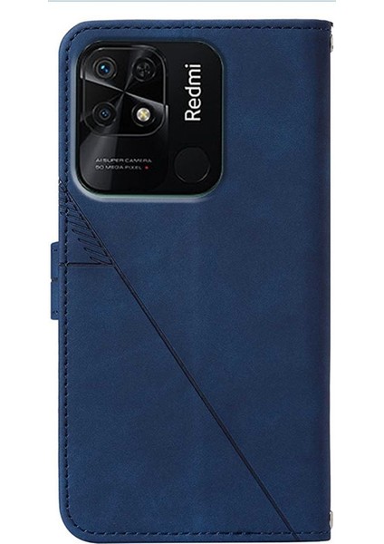 Xiaomi Için Redmi 10C/REDMI 10 (Hindistan) Pu Deri Kapak Çizgileri Baskılı Cüzdan Stand Flip Telefon Kılıfı Omuz Kayışı Sapfire (Yurt Dışından) modelleri