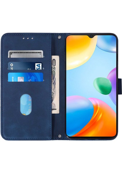Xiaomi Için Redmi 10C/REDMI 10 (Hindistan) Pu Deri Kapak Çizgileri Baskılı Cüzdan Stand Flip Telefon Kılıfı Omuz Kayışı Sapfire (Yurt Dışından) fırsatları