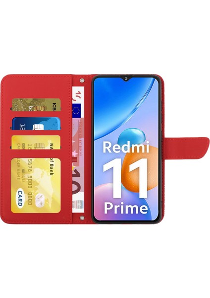 Xiaomi Redmi Için 11 Prime 4g HT03 Parmak Izi Ücretsiz Kelebek Çiçekleri Baskılı Cüzdan Kılıfı Deri Dokunlu Pu Deri Flip Folio Stand Manyetik Kapak Omuz Kayışı Kırmızısı (Yurt Dışından) fırsatları