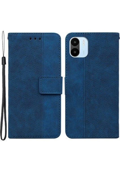 Xiaomi Için Redmi A1 4g/a2 4g Geometri Deseni Baskılı Pu Deri Standı Kılıf Damla Koruyucu Koruyucu Telefon Cüzdan Kapağı Strap-Mavi ile (Yurt Dışından)