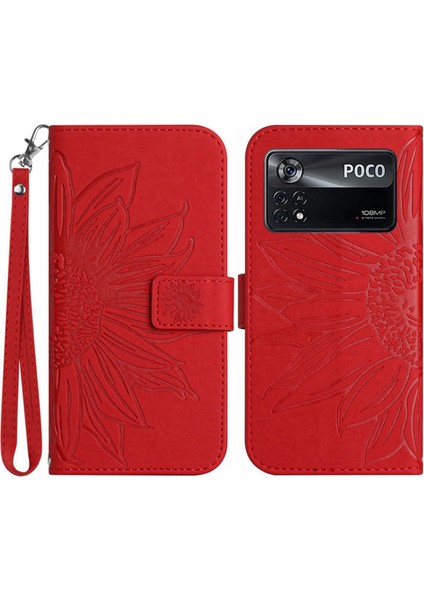 Xiaomi Poco X4 Pro 5g HT04 HT04 Cilt Touch Pu Deri Anti Dalgalı Kapak Baskılı Ayçiçeği Standı Cüzdan Telefon Kılıfı Kayış Kırmızısı (Yurt Dışından)