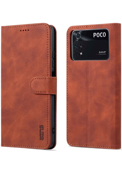 Xiaomi Için Poco M4 Pro 4g Pu Deri Cüzdan Kılıfı Ayarlanabilir Stand Manyetik Tokalı Telefon Kapak Kahverengi (Yurt Dışından)