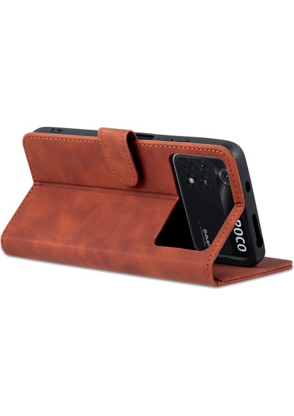 Xiaomi Için Poco M4 Pro 4g Pu Deri Cüzdan Kılıfı Ayarlanabilir Stand Manyetik Tokalı Telefon Kapak Kahverengi (Yurt Dışından)