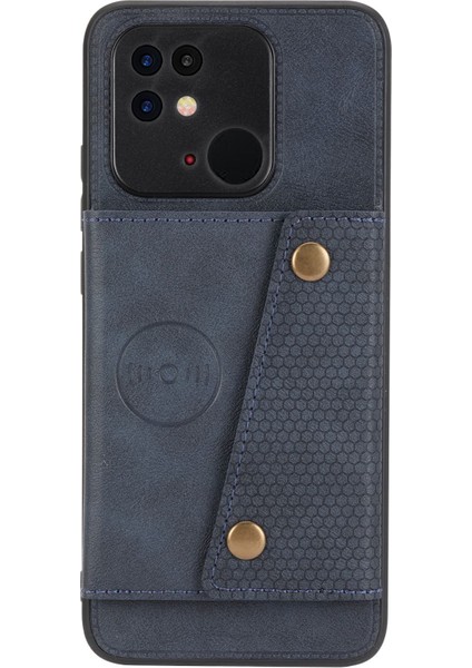 Xiaomi Poco C40 4g Çift Düğme Kart Yuvaları Kickstand Telefon Damla Geçirmez Kapak Pu Deri Kaplamalı Tpu Kılıfı Dahili Metal Sac Mavisi (Yurt Dışından)