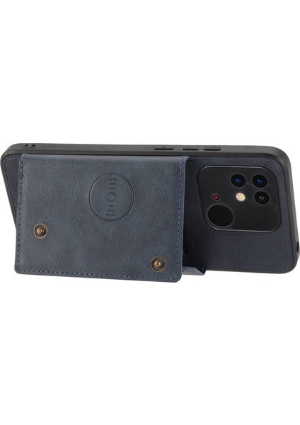 Xiaomi Poco C40 4g Çift Düğme Kart Yuvaları Kickstand Telefon Damla Geçirmez Kapak Pu Deri Kaplamalı Tpu Kılıfı Dahili Metal Sac Mavisi (Yurt Dışından)