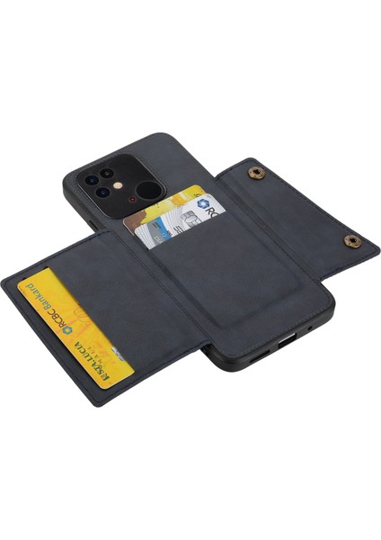 Xiaomi Poco C40 4g Çift Düğme Kart Yuvaları Kickstand Telefon Damla Geçirmez Kapak Pu Deri Kaplamalı Tpu Kılıfı Dahili Metal Sac Mavisi (Yurt Dışından)