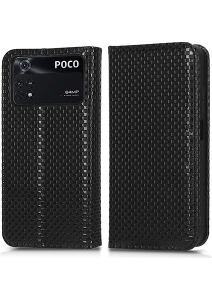 Xiaomi Poco M4 Pro 4g Için Pu Deri Telefon Kapağı, Baskılı Izgara Desen Standı Kılıfı Manyetik Otomatik Emzik Cüzdan Case-Black (Yurt Dışından)